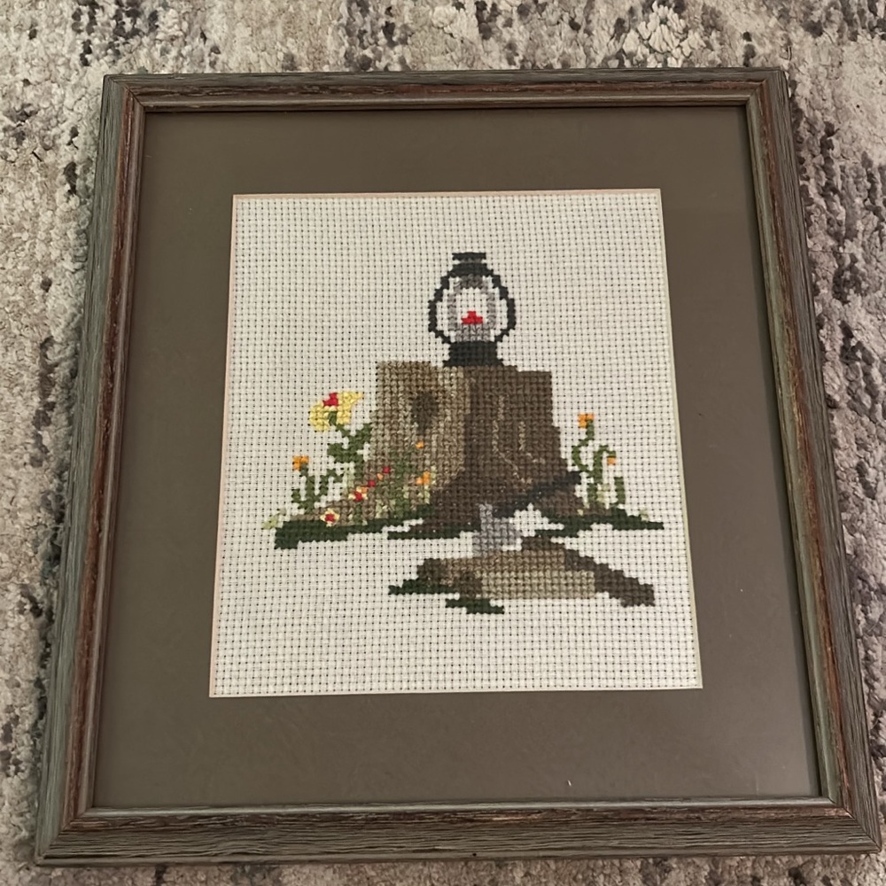 Framed Cross-Stitch Art with Lantern Design